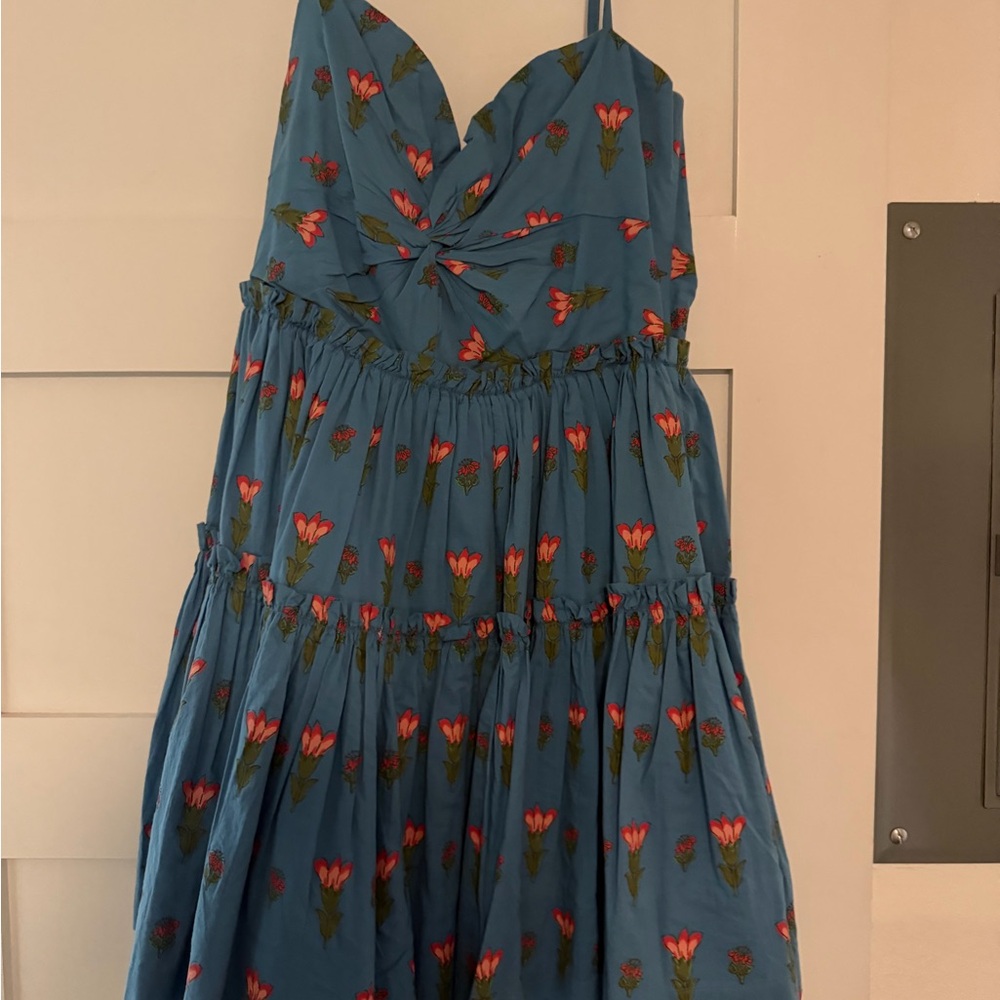 Blue Floral Mini Dress with Twisted Bodice